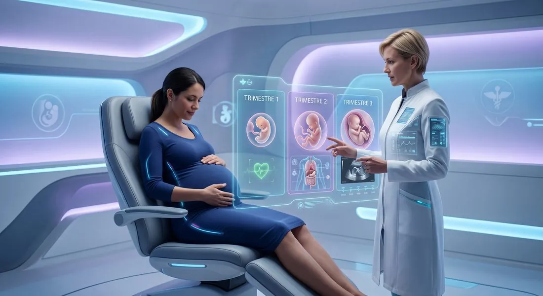 Doctora explicando a una embarazada el control prenatal por trimestre