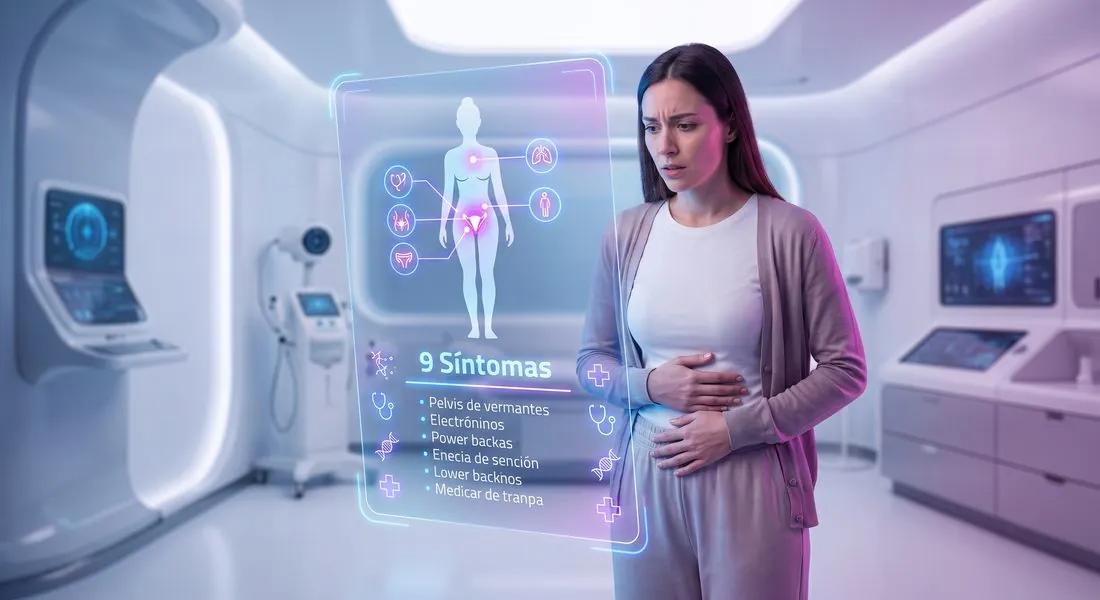 Mujer con molestia abdominal frente a una guía de síntomas ginecológicos
